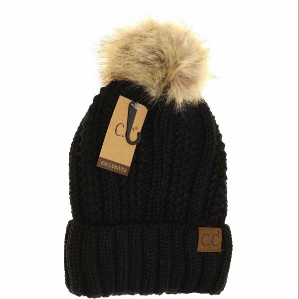 Fuzzy Lined Fur Pom CC Beanie  Thumbnail