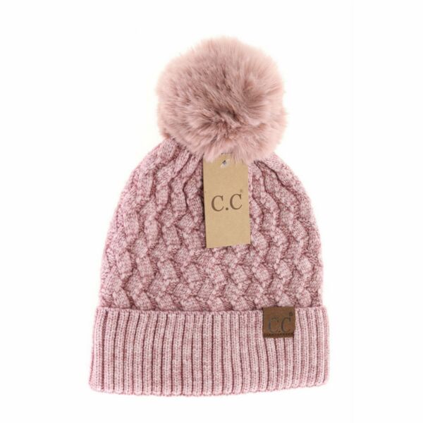 Woven Cable Knit Cuffed Matching Fur Pom C.C Beanie Thumbnail